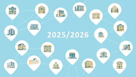 Illustration mit Icons von Schulen der durch Linien verbunden sind