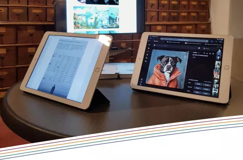 Digitale Screens auf einem Tisch vermitteln Eindrücke zum Thema Forschung.