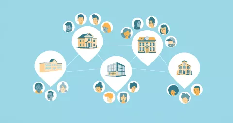 Illustration von Lehrkräften und Schulen in einem Netzwerk.