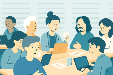 Illustration einer Gruppe von 6 Lehrkräften am Tischsitzend, die sich austauschen.