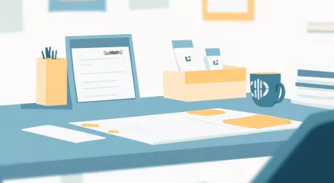 Ein Schreibtisch mit einer Kaffeetasse.