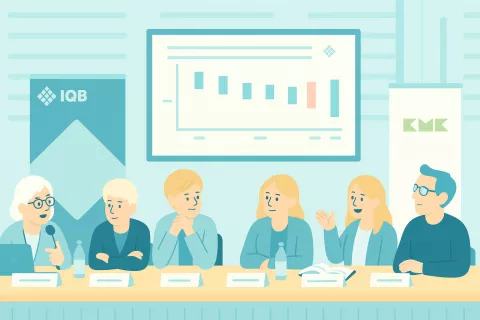 Illustration zur Pressekonferenz. Fünf Frauen und ein Mann sitzen an einem langen Tisch.